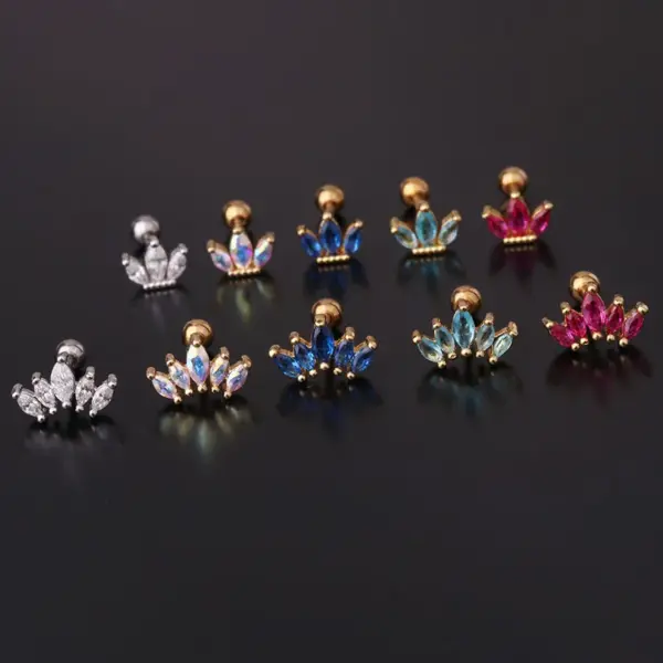 Copper Artificial Gemstones Ear Cartilage Rings & Studs Crown Waterproof Non Tarnish Surgical Steel