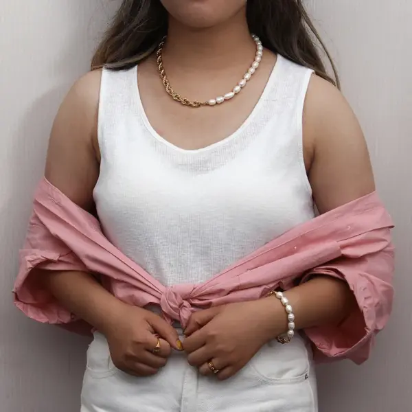 Wholesale PVD Coated Real Gold Plated 18K Gold Geometric 304 Stainless Steel Fashion Waterproof Non Tarnish 304 Stainless Steel Freshwater Pearl Necklace