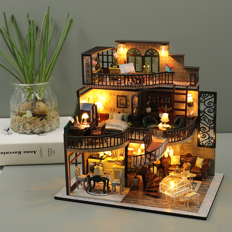 Wholesale diy wooden assembly cabin three-story loft apartment Doll Aessories