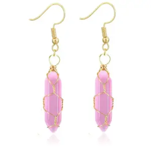 Gold Pink Jade Earrings / Wire-Wound Hexagon Prism Earrings