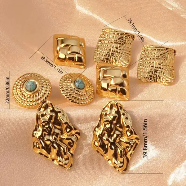 Wholesale 304 Stainless Steel Plastic Geometric Quadrilateral Round Electroplating December Birthstone Turquoise Imitation Gold Hip-Hop Novelty Tropical Inlay Multicolor-Golden Yellow Ear Studs