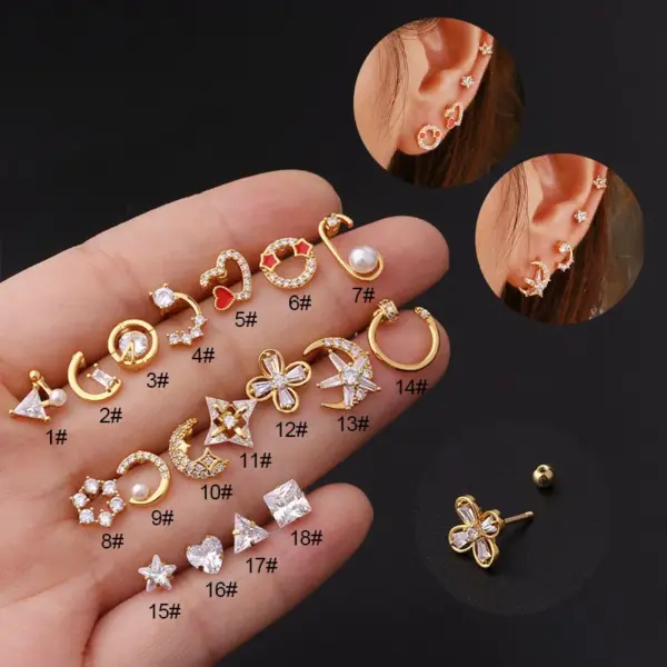 Copper Artificial Gemstones Ear Cartilage Rings & Studs Geometric Waterproof Non Tarnish Surgical Steel Women'S