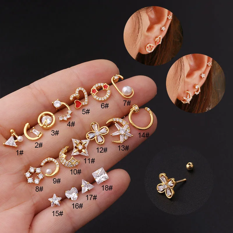Wholesale Copper Artificial Gemstones Ear Cartilage Rings & Studs Geometric Waterproof Non Tarnish Surgical Steel Women'S