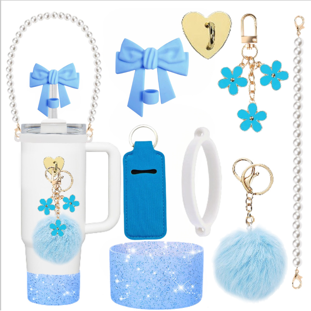 Wholesale mug aessories rtable chain bow straw decorative silicone c set c chain flower pendant
