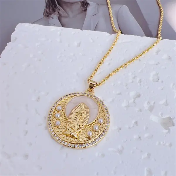 Copper 18K Gold Plated Enamel Inlay Round Virgin Mary Artificial Pearls Zircon Pendant Necklace