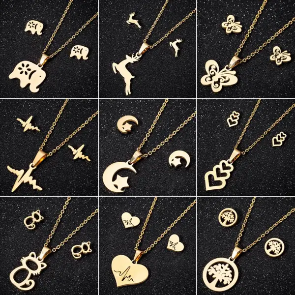 Wholesale PVD Coated 18K Gold Real Gold Plated Heart Shape Butterfly Elephant 201 Stainless Steel Fashion Waterproof Non Tarnish Earrings Necklace