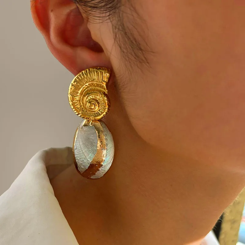Wholesale 1 Pair Of Design Stainless Steel Natural Shell 18K Gold Waterproof Non-Fading Women's Earrings Long Fashion High-End Earrings
