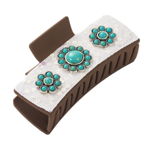 Wholesale Cross-border Ancient Silver Alloy Turquoise Accessories Western Style Clip Retro Leopard Print Sequin Leather Fashion Back Head Clip