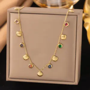 45【H1319】 Colorful Stone Shell Necklace / Gold