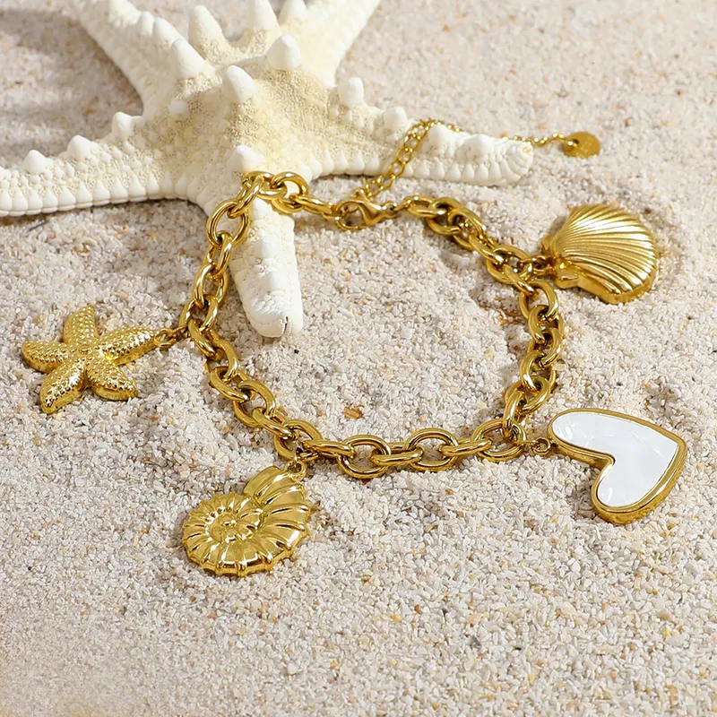 Wholesale PVD Coated Real Gold Plated Starfish Conch Heart Shape 304 Stainless Steel Marine Style IG Waterproof Non Tarnish Bracelets