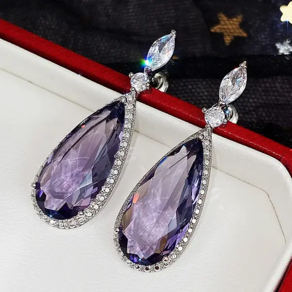 Wholesale Classic Water Micro-set Purple Zircon Contrast Color Long Copper Earrings Wholesale