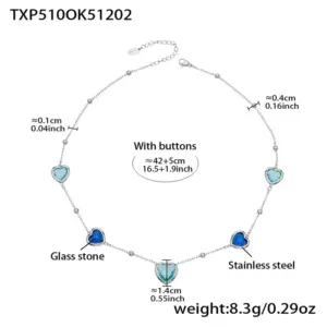 TXP510-Pin Blue Glass Stone Steel Color Necklace 42+5cm