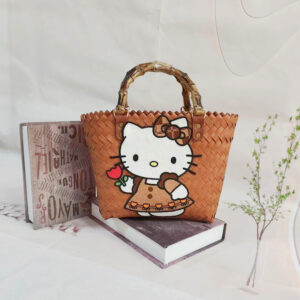 Bamboo brown basket with red flowers kt
