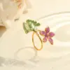 Wholesale Luxury Floral Stainless Steel Ring Colorful Drip Oil Inlaid Pearl Design Open Ring For Casual Holiday Daily Use Adjustable