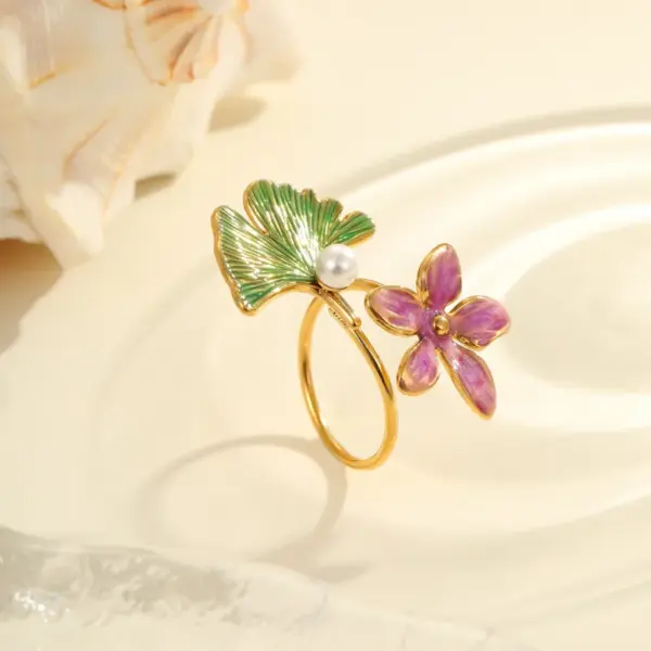 Wholesale Luxury Floral Stainless Steel Ring Colorful Drip Oil Inlaid Pearl Design Open Ring For Casual Holiday Daily Use Adjustable