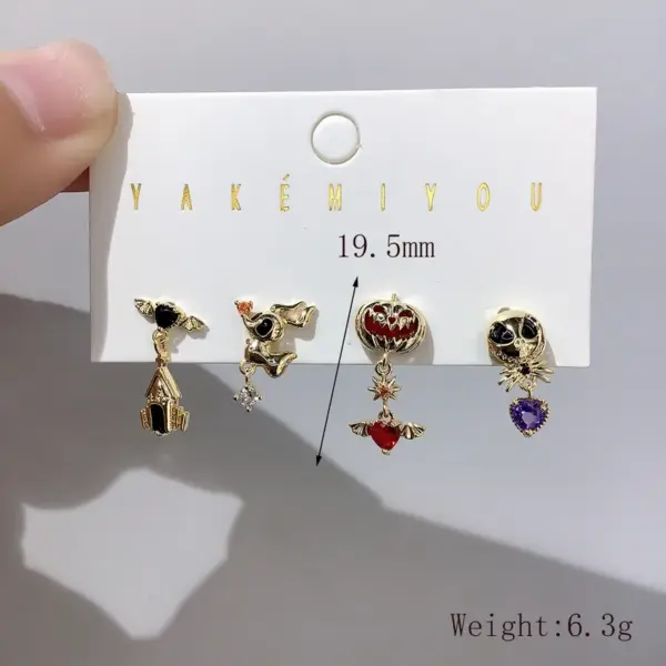 Wholesale 1 Set Halloween Yakemiyou Cartoon Style Funny Pumpkin Bat Skull Enamel Inlay Copper Zircon 14K Gold Plated Ear Studs