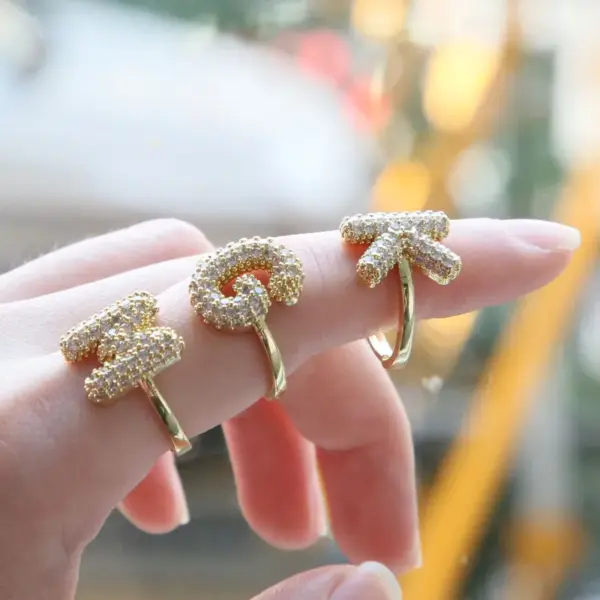 Wholesale Brass Irregular Plating Letter Zircon Adjustable Ring