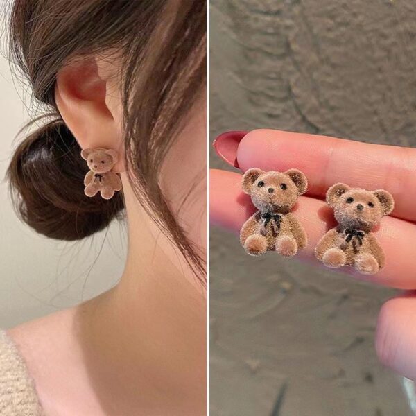 Wholesale 925 Sier Needle Korean Flocking Cute Bear Ear Stud Elegant Simple Trendy Girl Heart Student Earrings Earrings