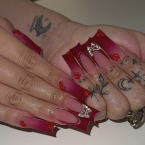 Wholesale European and American blood red French long tubing nail art patch butterfly accessories diamond removable foreign trade fake nails 24 pieces