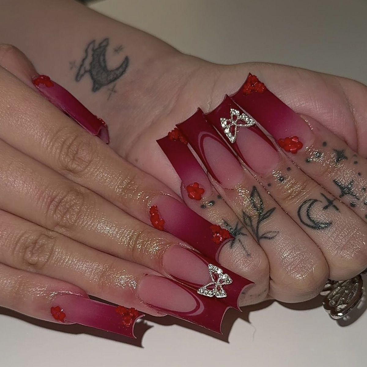 Wholesale European and American blood red French long tubing nail art patch butterfly aessories diamond removable foreign trade fake nails 24 pieces