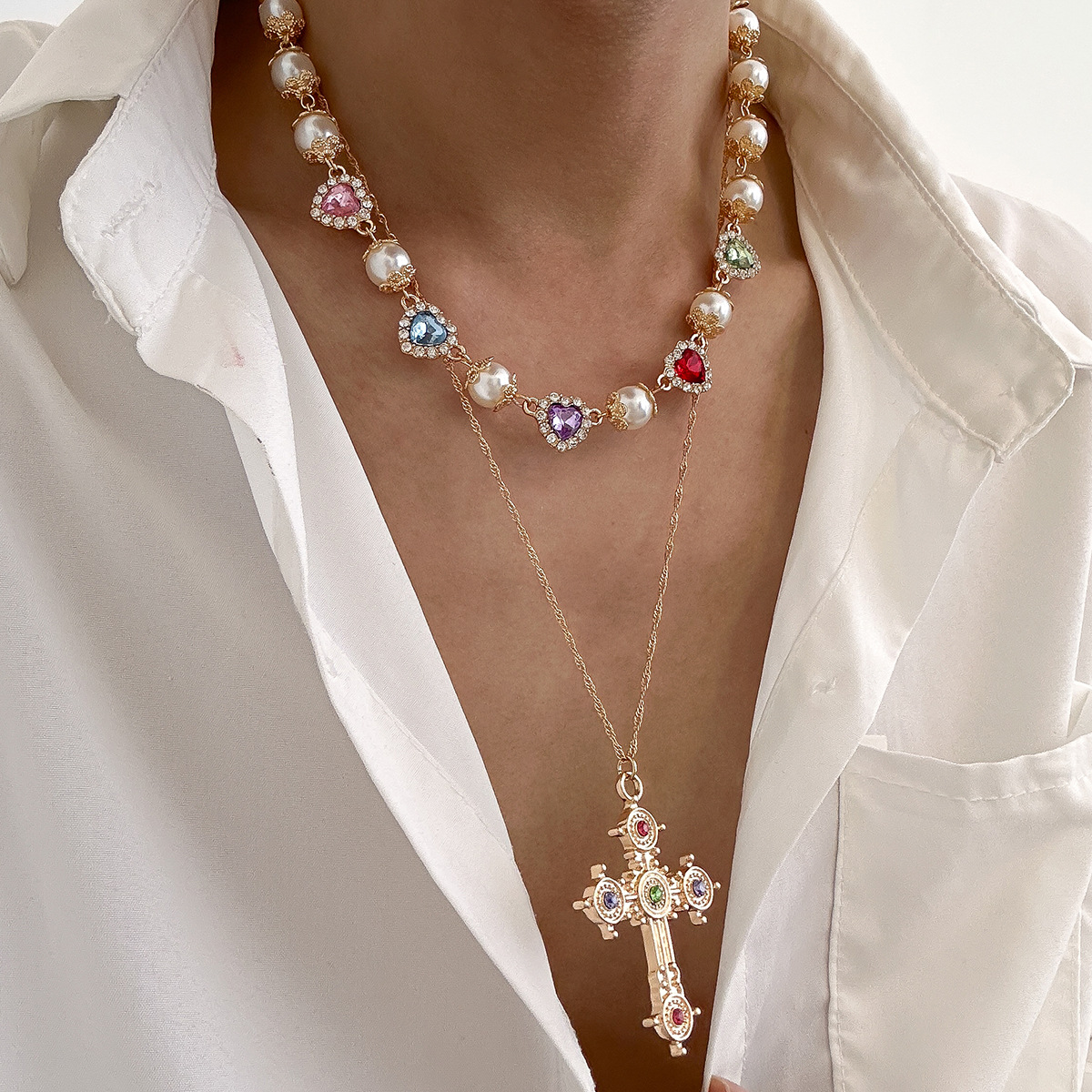 Wholesale European and American Hip-Hop Niche Color Love Diamond Necklace Men's Fashion Personality Cross-border Cross Pendant Collarbone Chain