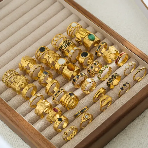 Ion Plating (IP) 18K Gold Plated Leaves Eye Flower 304 Stainless Steel Rock Oversized Waterproof Non Tarnish Open Rings