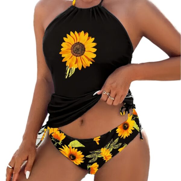 Wholesale 2025 Swimsuit New Hanging Neck Split Printed High Waist Drawstring Belly Covering Sunflower Slim Split Swimsuit