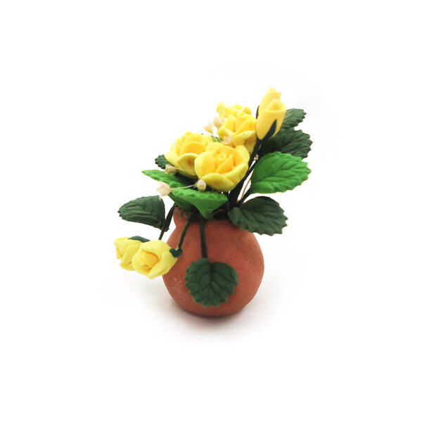 Wholesale 1:12 dollhouse accessories dollhouse mini clay flower plant red pottery pot yellow rose flower arrangement model