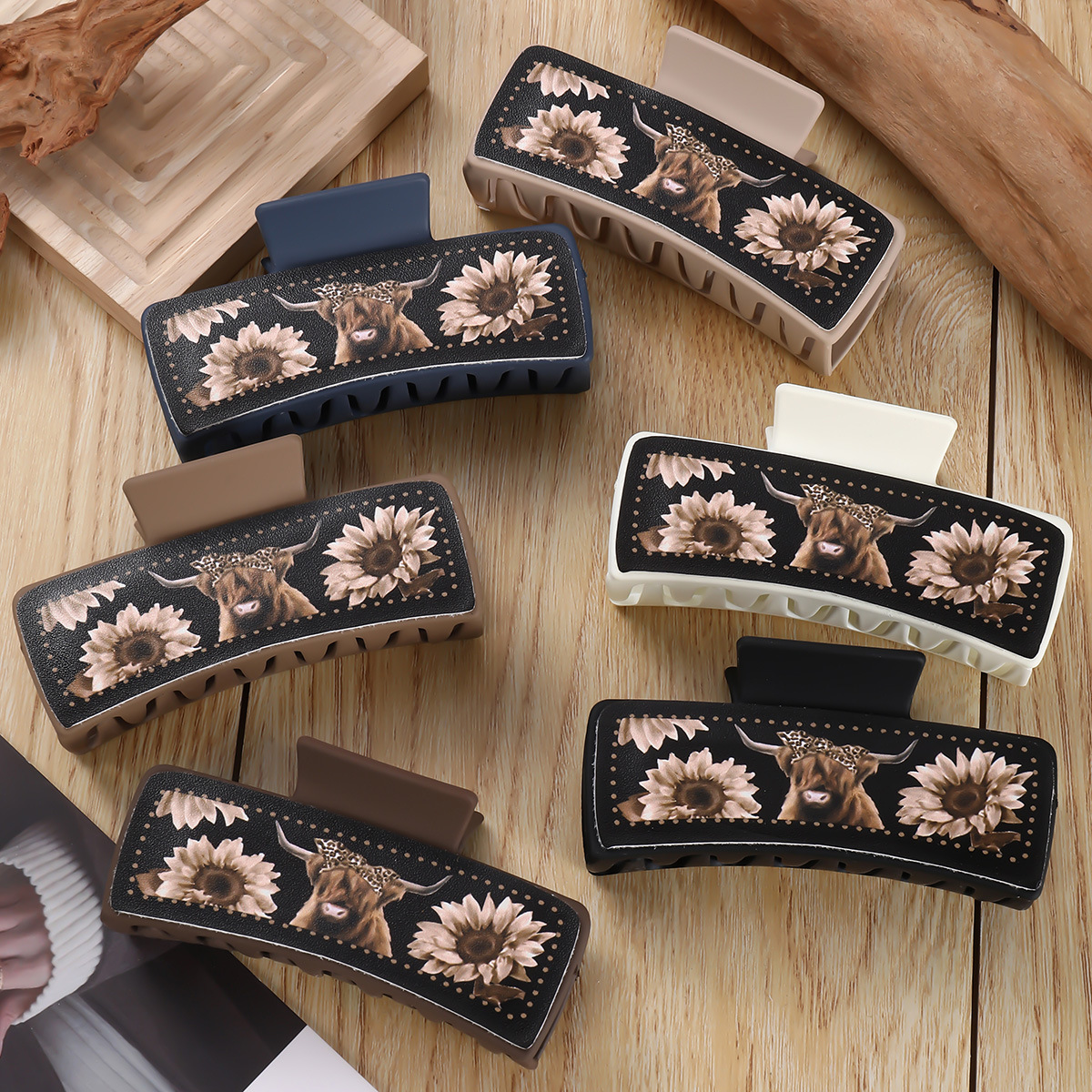 Wholesale yak chrysanthemum black leather large square clip shark clip