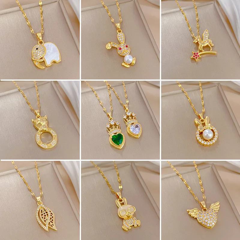 Wholesale 304 Stainless Steel Artificial Gemstones Heart Shape Butterfly Modern Style Cable Chain Pendant Necklace For Women's