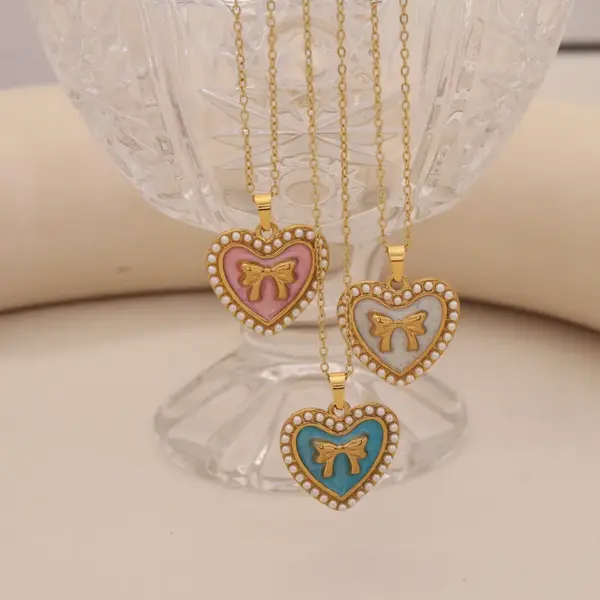 Wholesale PVD Coated 18K Gold Real Gold Plated Heart Shape Bow Knot 304 Stainless Steel Cute Romantic Waterproof Non Tarnish 304 Stainless Steel Lobster Trigger Clasp Closure Pendant Necklace