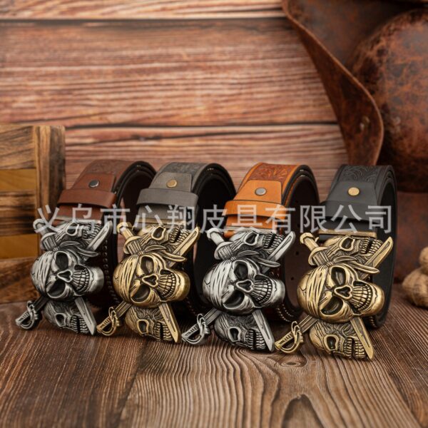 Wholesale Cross-Border Punk Double Sword Three Ghost Buckle Retro Western Cowboy Pu Leather Belt