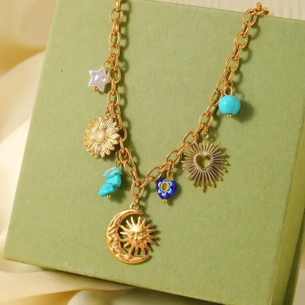 Wholesale Oceanic Style Irregular Pearl Stainless Steel Necklace Sun And Heart Pattern Vacuum Plated 18K Gold Casual Beachy Lobster Clasp