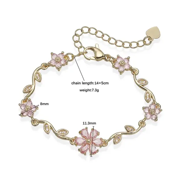 Wholesale Luxurious Copper Embedded Colorful Diamond Five-Petal Flower Branch Leaf Bracelet Creative Versatile Elegant Jewelry Accessory