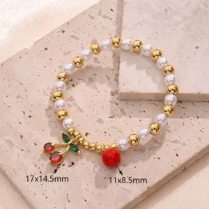 Red Ball & Orange Red Cherry Light Gold Pearl Spacer Bead Bracelet (Gold) / Inner Diameter:50mm (Elastic) / 1 Strand/Package