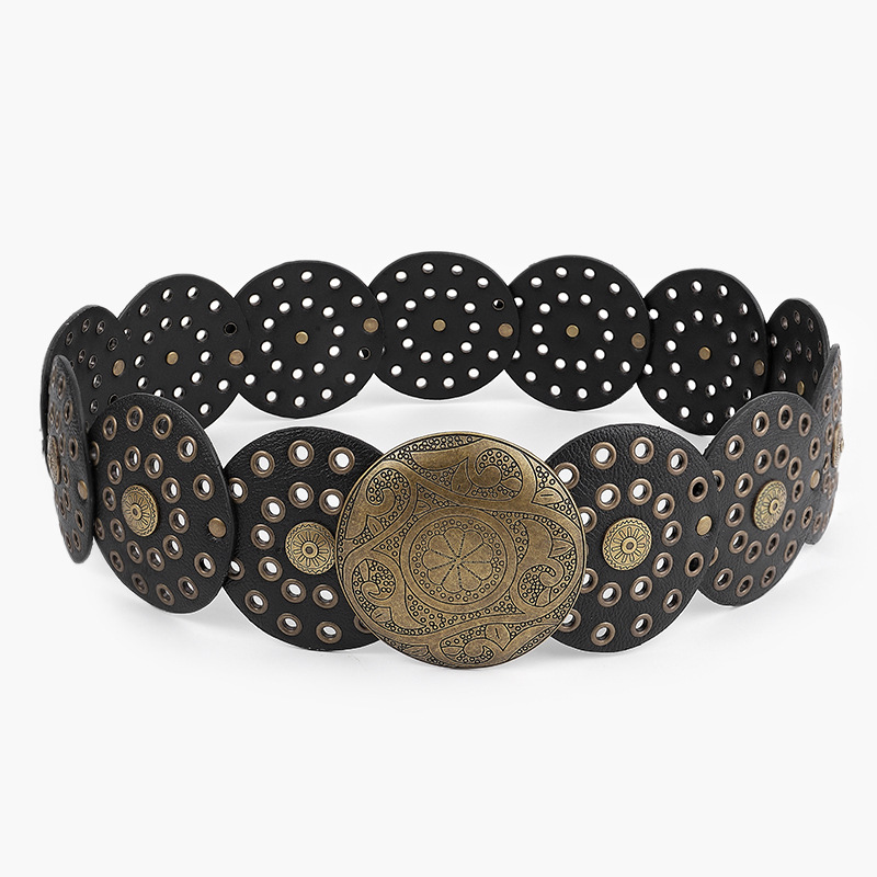 Wholesale Middle Ages Spice Girl Millennium Subculture Disc Hook Faux Leather Vintage Rivet ing Alloy Belt Wide Belt
