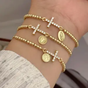 18K Gold Plated Copper Plated Cross Saint Benedict Virgin Mary Elegant Religion Classic Style Ball Chain Bracelets Drawstring Bracelets For Unisex