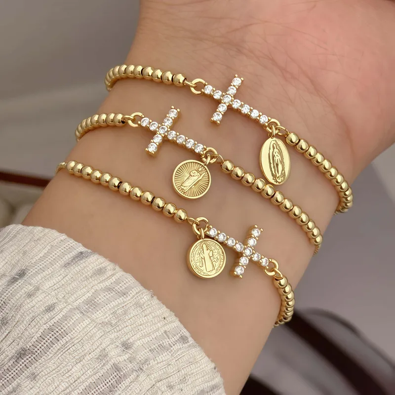 Wholesale 18K Gold Plated Copper Plated Cross Saint Benedict Virgin Mary Elegant Religion Classic Style Ball Chain Bracelets awstring Bracelets For Un