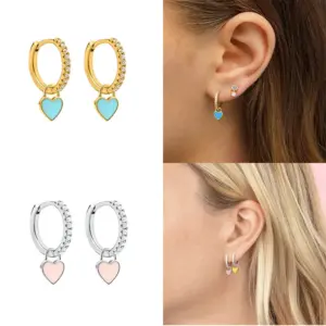 1 Pair Fashion Heart Shape Enamel Inlay Copper Zircon Drop Earrings