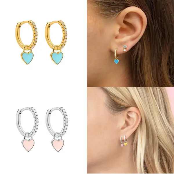 1 Pair Fashion Heart Shape Enamel Inlay Copper Zircon Drop Earrings
