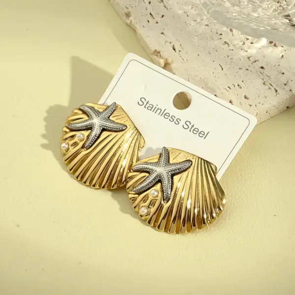 Wholesale PVD Coated Real Gold Plated 18K Gold Starfish Coral Shell 304 Stainless Steel Casual Elegant Vintage Style Waterproof Non Tarnish Earrings