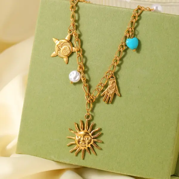 Wholesale Oceanic Style Irregular Pearl Stainless Steel Necklace Sun And Heart Pattern Vacuum Plated 18K Gold Casual Beachy Lobster Clasp