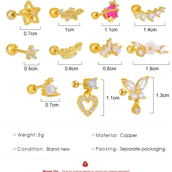 Vintage Micro-set Zircon Butterfly Flower Feather Heart Copper Screw Earrings