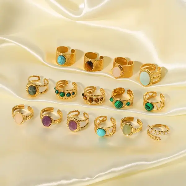 Wholesale 304 Stainless Steel C Shape Geometric Round PVD Coated Natural Stone 18K Real Gold Plated Real Gold Plated Basic Vintage Style Waterproof Non Tarnish Plating Inlay Open Rings
