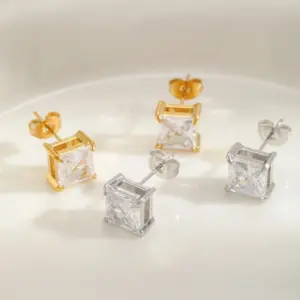 Wholesale 1 Pair Elegant Simple Style Artistic Geometric Square Plating Inlay 304 Stainless Steel Zircon 18K Gold Plated Ear Studs