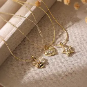 Wholesale Jewelry Elegant Sweet Simple Style Pentagram Heart Shape Bee Copper Zircon 18K Gold Plated Enamel Inlay Pendant Necklace