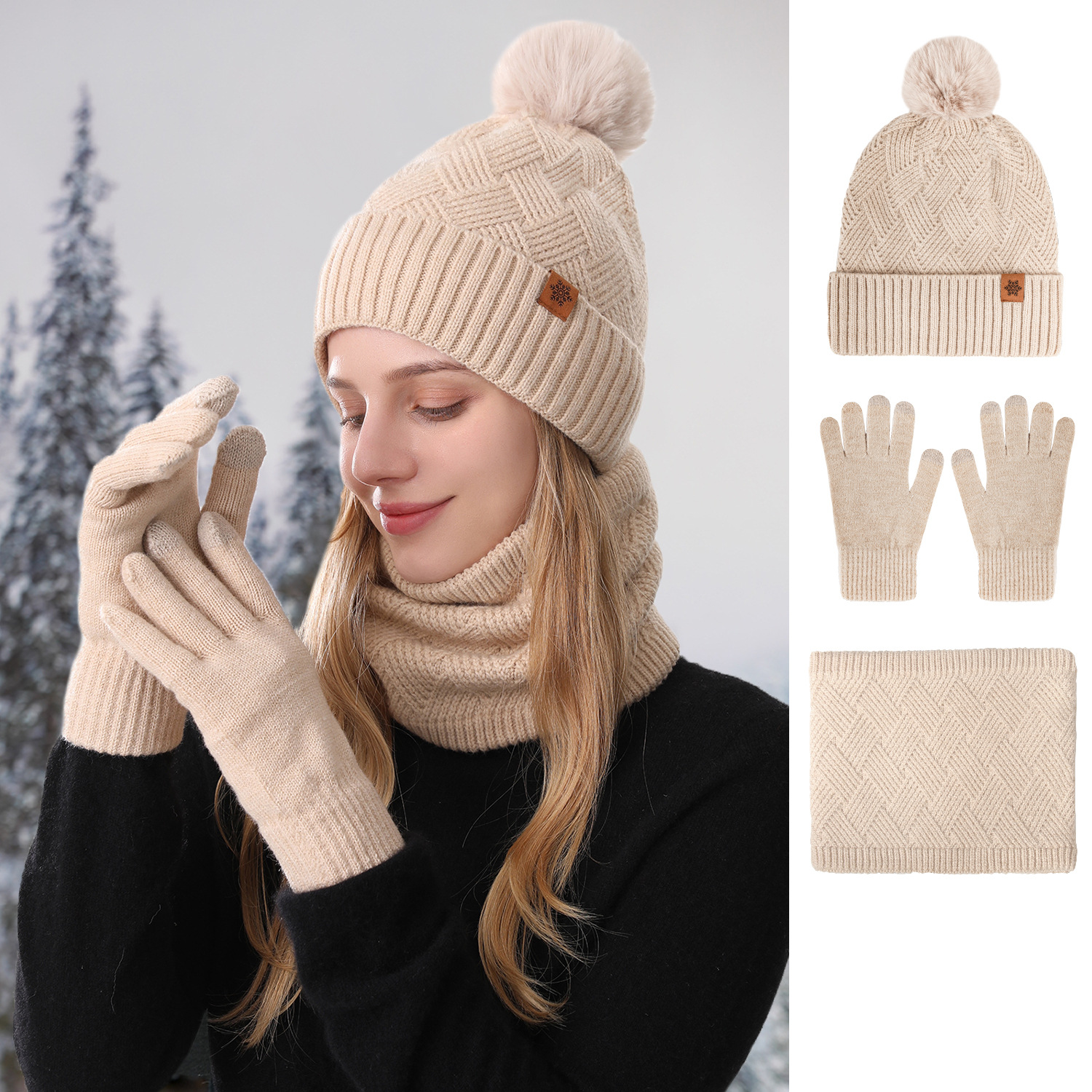 Wholesale Women's knitted hat winter cold-proof double-layer f outdoor warm knitted hat f gloves three-piece set