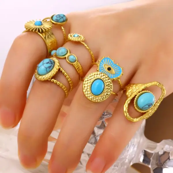 Wholesale Jewelry Retro Devil's Eye Heart Shape 304 Stainless Steel Turquoise Plating Open Rings