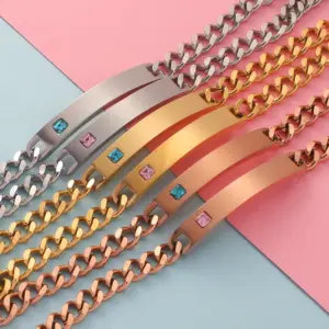 Wholesale 304 Stainless Steel Customization Laser Engraving Solid Color PVD Coated Zircon 18K Real Gold Plated Vintage Style Waterproof Non Tarnish Plating Gold Silver Bracelets