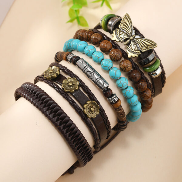 Wholesale Vintage Butterfly Flower Turquoise Leather Braided Set Leather Bracelet